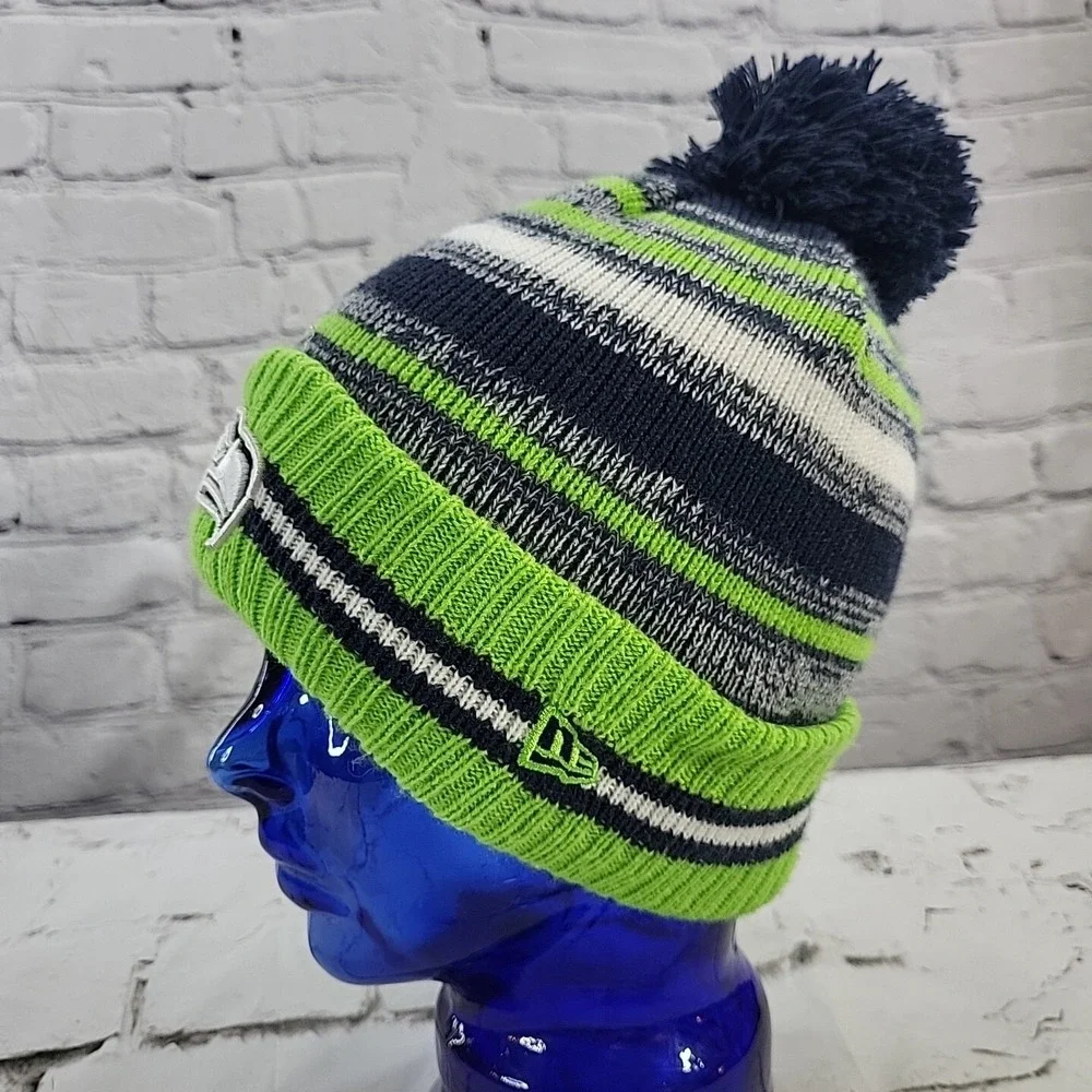 Seattle Seahawks New Era NFL Striped Sport‎ Pom Knit beanie hat cap Youth